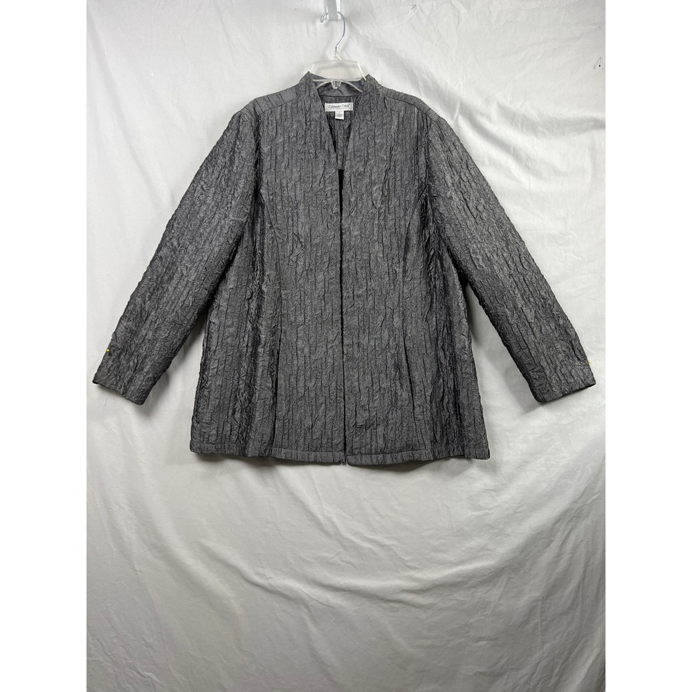 Coldwater Creek Jacket Womens L Gray Crinkle Texture Open Front Mock Neck Party